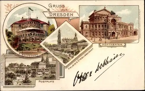 Litho Dresden, Hoftheater, K. Belvedere, Postplatz, Helbig's Etablissement