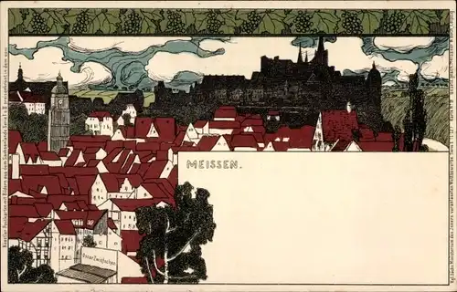 Litho Meißen in Sachsen, Blick auf die Stadt, Rathausturm