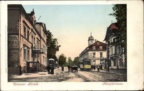 Ak Dresden Weißer Hirsch, Tram 338 auf der Hauptstraße, Hotel