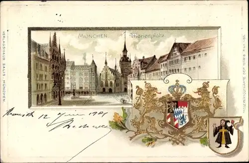 Präge Wappen Litho München, Marienplatz, Münchner Kindl