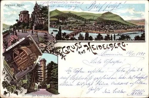 Litho Heidelberg am Neckar, Schloss Altan, Königstuhl, Gesamtansicht