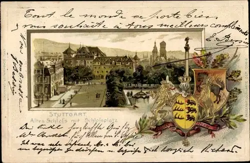 Präge Wappen Passepartout Litho Stuttgart in Württemberg, Altes Schloss, Schlossplatz