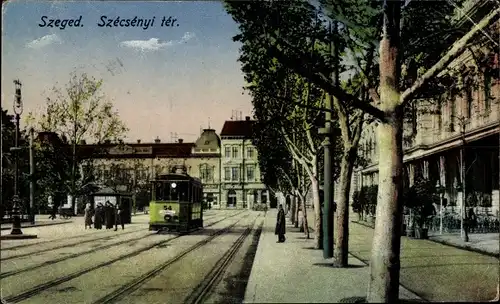 Ak Szeged Segedin Ungarn, Szécsenyi tér, Straßenbahn