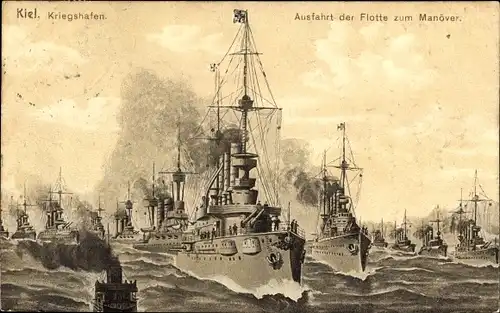 Ak Deutsche Kriegsschiffe, Ausfahrt der Flotte zum Manöver, Kriegshafen Kiel, Kaiserliche Marine