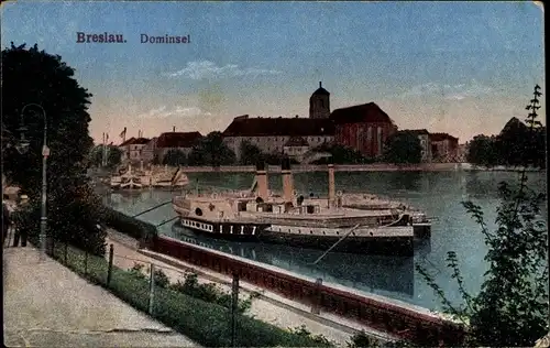 Ak Wrocław Breslau Schlesien, Dominsel, Dampfer