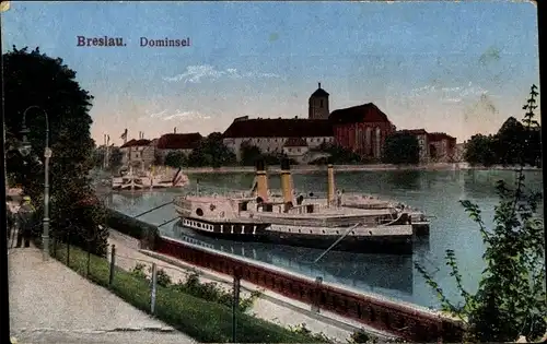 Ak Wrocław Breslau Schlesien, Dominsel, Dampfer