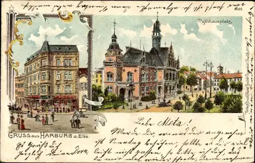 Litho Hamburg Harburg, Rathausplatz, Rathaus, Geschäftshaus