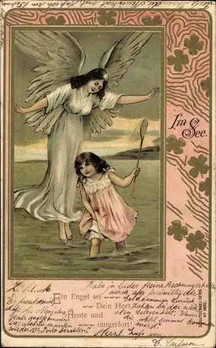 Präge Litho Ein Engel sei dein Hort, Schutzengel, Mädchen im See, Kescher