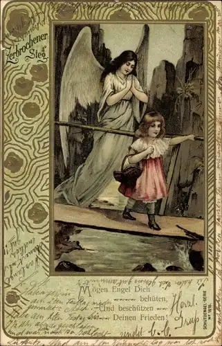 Präge Passepartout Litho Zerbrochener Steg, Mögen Engel dich behüten, Schutzengel, Mädchen