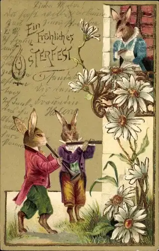 Präge Litho Glückwunsch Ostern, Musizierende Hasen, Häsin