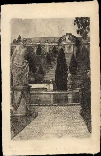 Künstler Ak Potsdam, Schloss Sanssouci, Statuen, Parkanlage