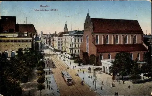 Ak Wrocław Breslau Schlesien, Schweidnitzer Straße, Straßenbahn
