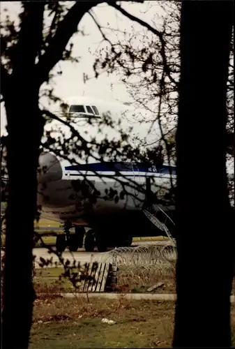 Foto Blick zwischen Bäumen hindurch auf ein Flugzeug