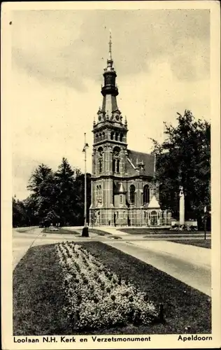 Ak Apeldoorn Gelderland, Loolaan N. H. Kerk en Verzelsmonument