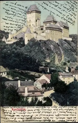 Ak Karlštejn Karlstein Mittelböhmen, Ortsansicht mit Burg