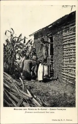 Ak Republik Kongo Französisch Kongo, Femmes construisant leur case, Hausbau, Mission