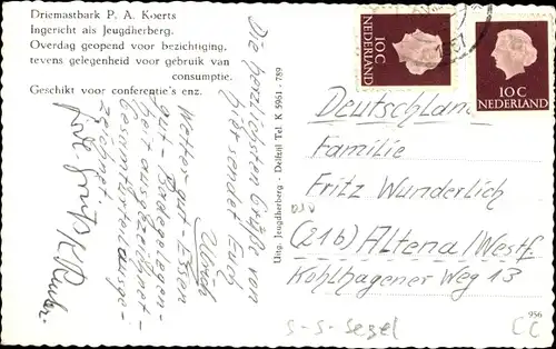 Ak Delfzijl Groningen, Jeugdherberg P. A. Koerts, Segelschiff