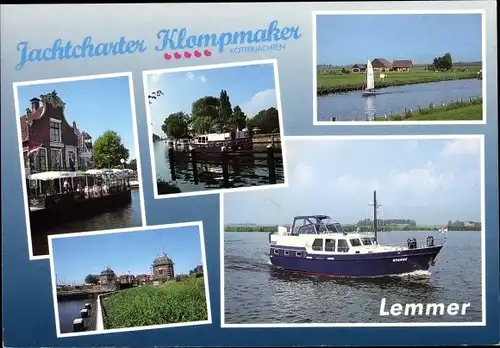 Ak Lemmer Friesland Niederlande, Jachtcharter Klompmaker, Partie am Wasser, Yacht, Segelboot
