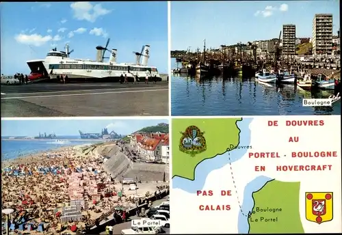 Ak Le Portel Pas de Calais, Hovercraft, Boulogne, Strandansicht, Karte der Fährstrecke nach Douvres