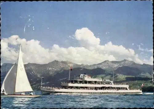 Ak Gunten am Thunersee Kanton Bern, MS Jungfrau, Segelboot