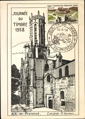 Künstler Ak Aix en Provence Bouches du Rhône, Cathedrale St. Sauveur, Journee du Timbre 1958