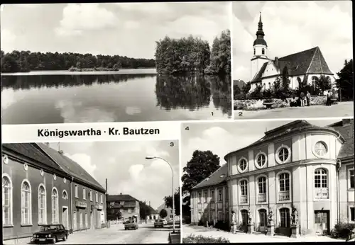 Ak Königswartha in der Oberlausitz, Teichlandschaft, Kirchplatz, Dorfstraße, Binnenfischereischule