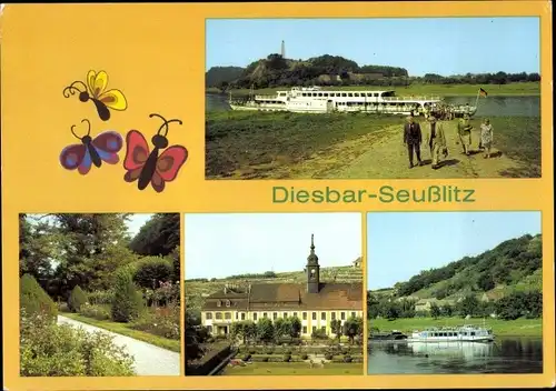 Ak Diesbar Seußlitz Nünchritz an der Elbe, Anlegestelle der Weißen Flotte, Schlossgarten, Schloss