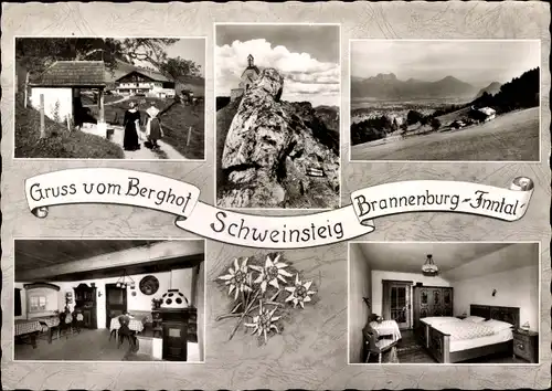 Ak Brannenburg in Oberbayern, Berghof Schweimsteig, Gästezimmer, Panorama vom Ort