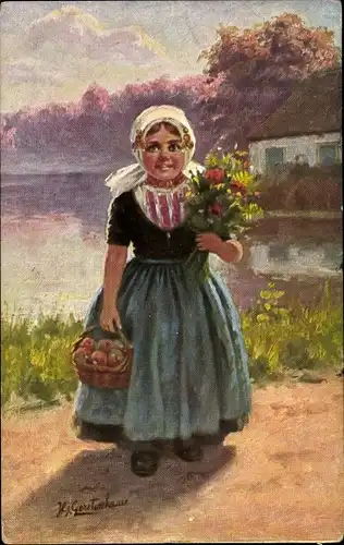 Künstler Ak Gerstenhauer, Johann Georg, Mädchen in niederländischer Tracht, Blumenstrauß, Korb