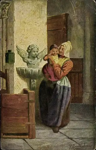 Künstler Ak Gerstenhauer, Johann Georg, Frau in niederländischer Tracht, Kind, Kirche