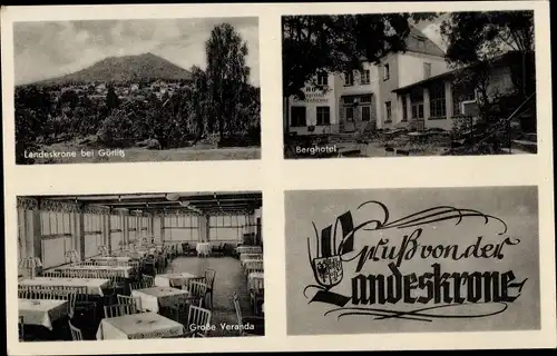 Ak Görlitz in der Lausitz, Landeskrone, Berghotel, Große Veranda, Wappen