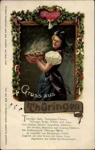 Ak Gruß aus Thüringen, Willkumme, Frau in Tracht, Klöße