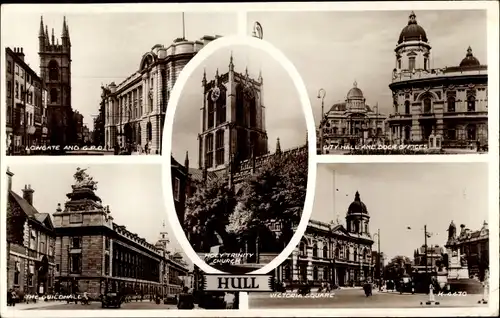 Ak Kingston upon Hull Yorkshire England, Lowgate, City Hall, Dock Offices, Guildhalls, Holy Trinity