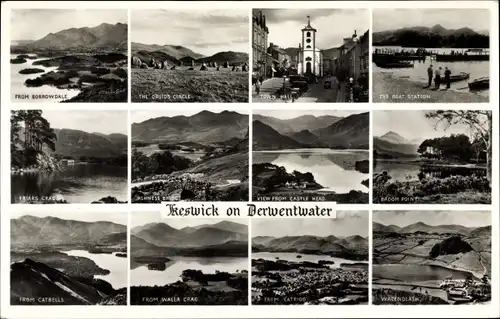 Ak Keswick Cumbria England, Druid's Circle, Town Hall, Boat Station, View from Borrowdale