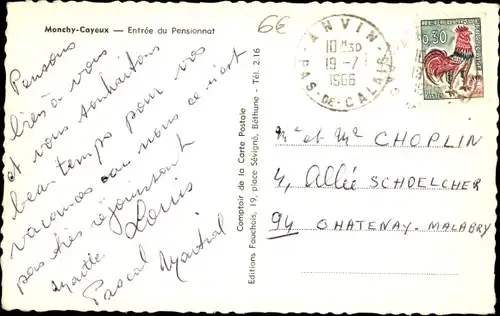 Ak Monchy Coyeux Pas de Calais, Entree du Pensionnat