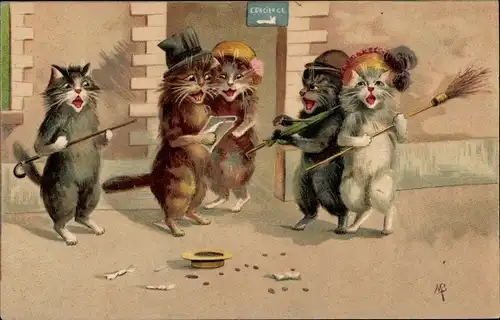 Künstler Ak Vermenschlichte Katzen, Straßenmusikanten