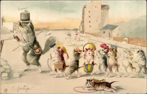 Künstler Ak Vermenschlichte Katzen, Lehrer mit Kindern