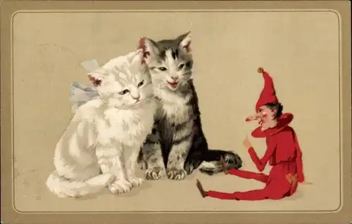 Ak Zwei Katzen betrachten eine Puppe, Kasper