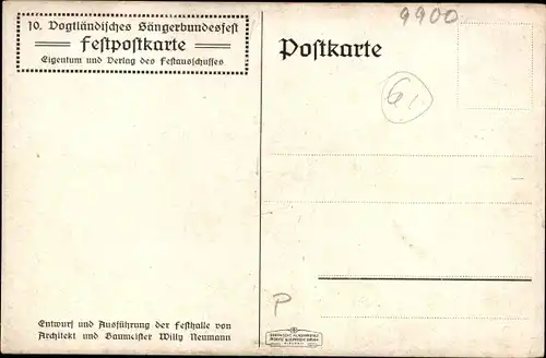 Künstler Ak Plauen im Vogtland, 10. Vogtländisches Sängerbundesfest 1913, Festhalle,Deutschlandfahne