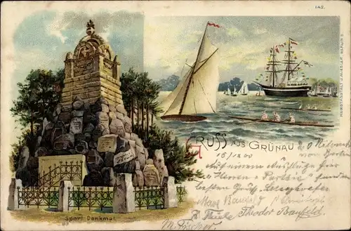 Litho Berlin Grünau, Sport Denkmal, Segelboot, Ruderboote