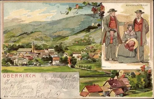 Litho Oberkirch im Renchtal Baden, Blick auf den Ort, Trachten