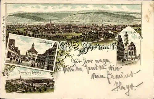 Litho Schorndorf in Württemberg, Kirche, Marktplatz, Stadtpanorama