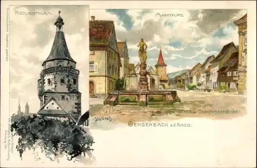 Künstler Litho Münch, Gengenbach im Schwarzwald, Marktplatz, Nicolausturm