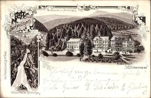 Litho Allerheiligen Oppenau im Ortenaukreis, Hotel W. Mittenmaier, Wasserfälle