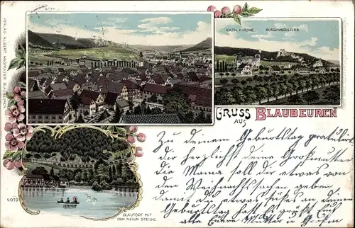 Litho Blaubeuren in Württemberg, Russenschloss, Blautopf, Blick auf den Ort