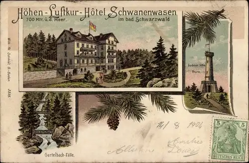 Litho Bühlertal im Schwarzwald, Hotel Schwanenwasen, Gertelbach Fälle, Aussichtsturm
