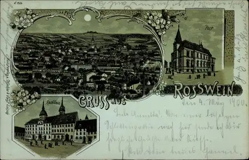 Mondschein Litho Roßwein im Mittelsächsischen Bergland, Totalansicht, Rathaus, Postgebäude