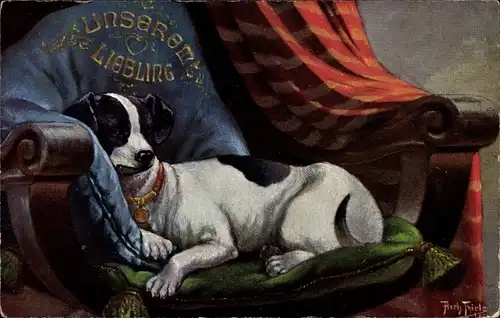 Künstler Ak Thiele, Arthur, Unserem Liebling, schlafender Hund auf Sessel
