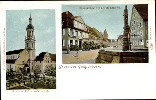 Ak Gengenbach im Schwarzwald, Kirche mit Präparandenschule, Hauptstraße, Nicolausturm