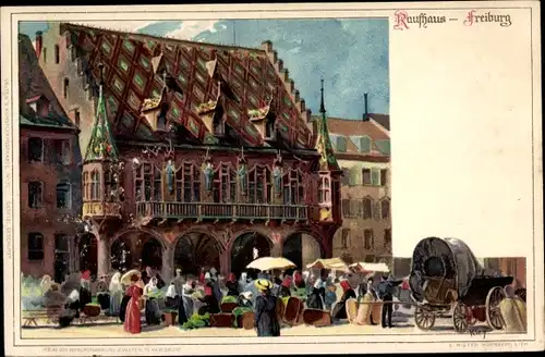 Künstler Litho Kley, Heinrich, Freiburg im Breisgau, Blick auf das Kaufhaus, Besucher